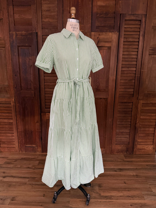 Green & White Striped Shirtdress with Cross-stitch Rose