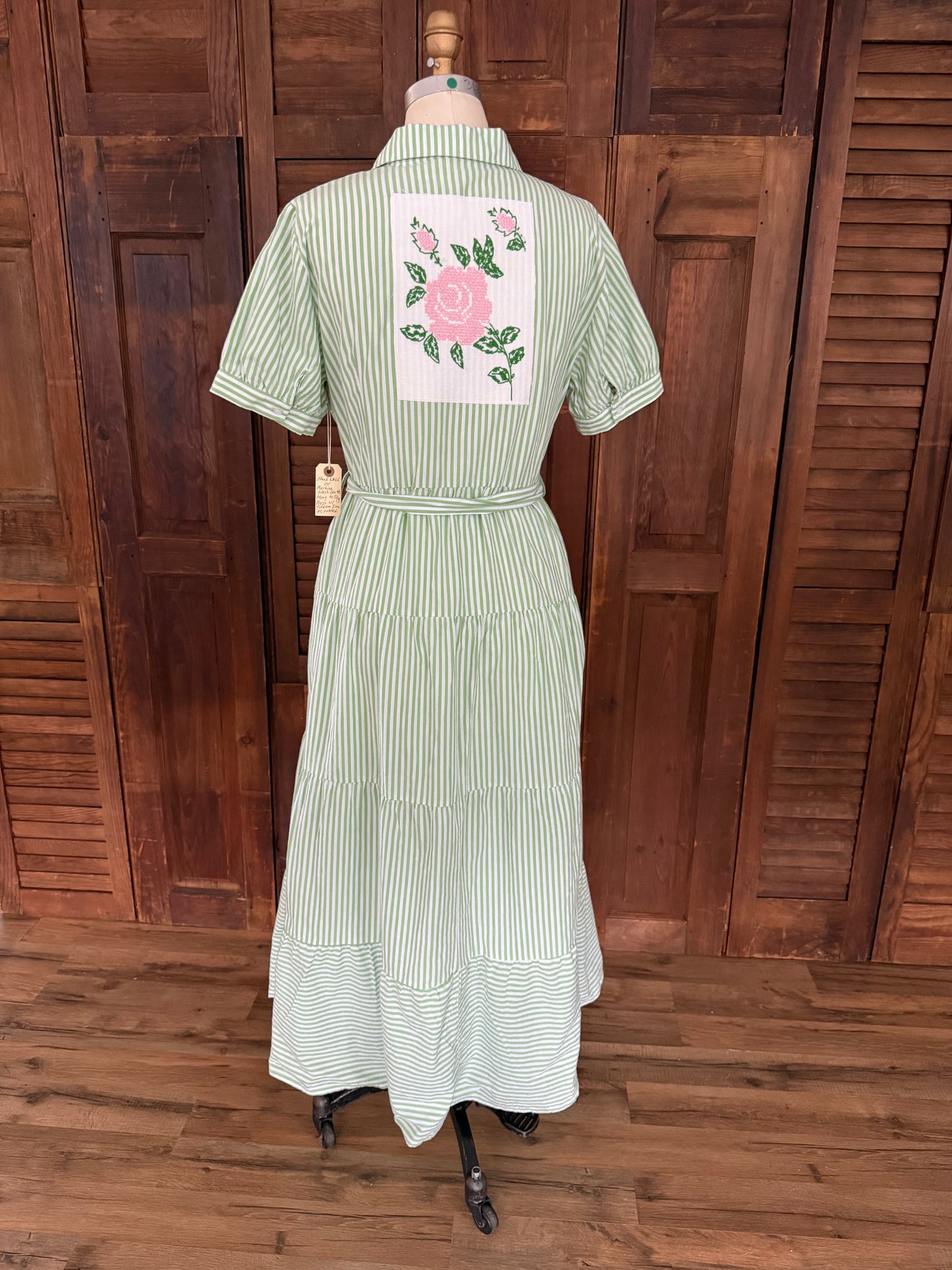 Green & White Striped Shirtdress with Cross-stitch Rose
