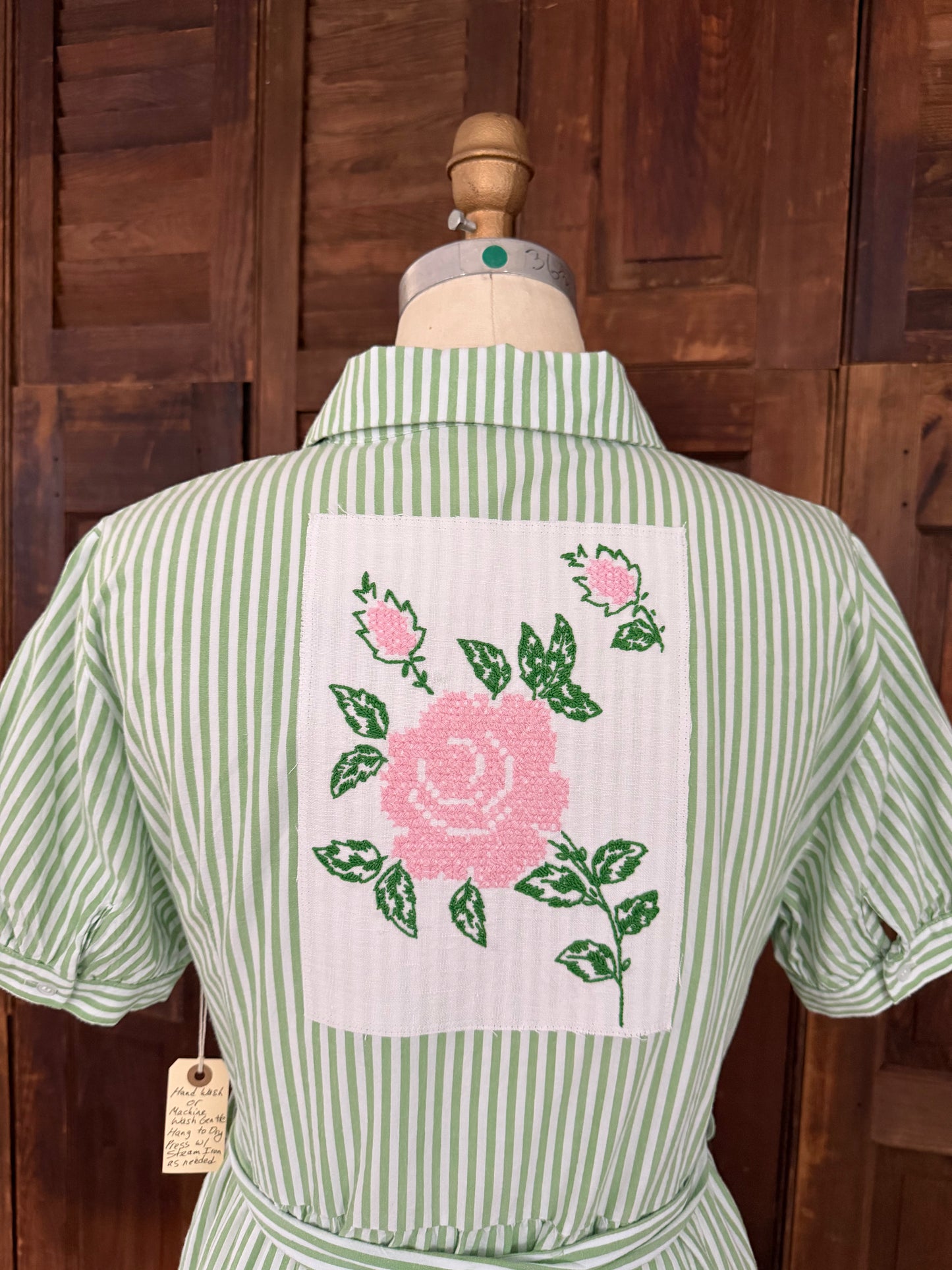 Green & White Striped Shirtdress with Cross-stitch Rose