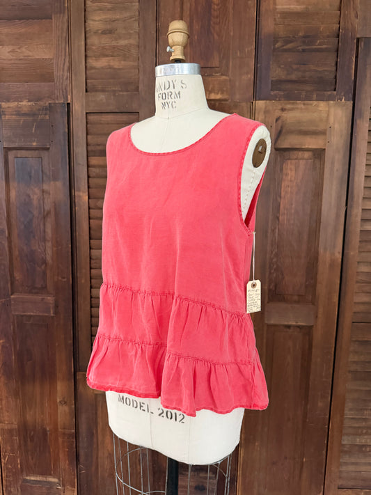 Coral Linen Tank Top with Battenberg Heart