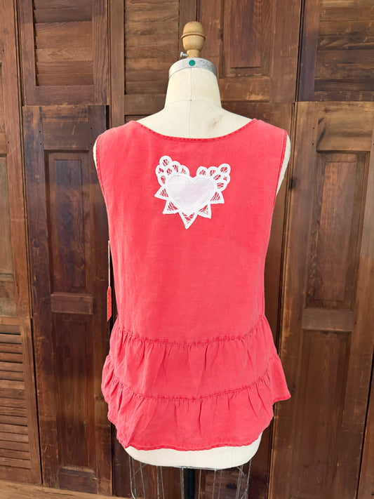 Coral Linen Tank Top with Battenberg Heart
