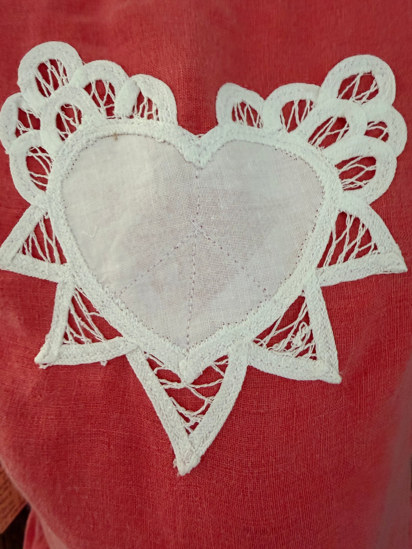 Coral Linen Tank Top with Battenberg Heart