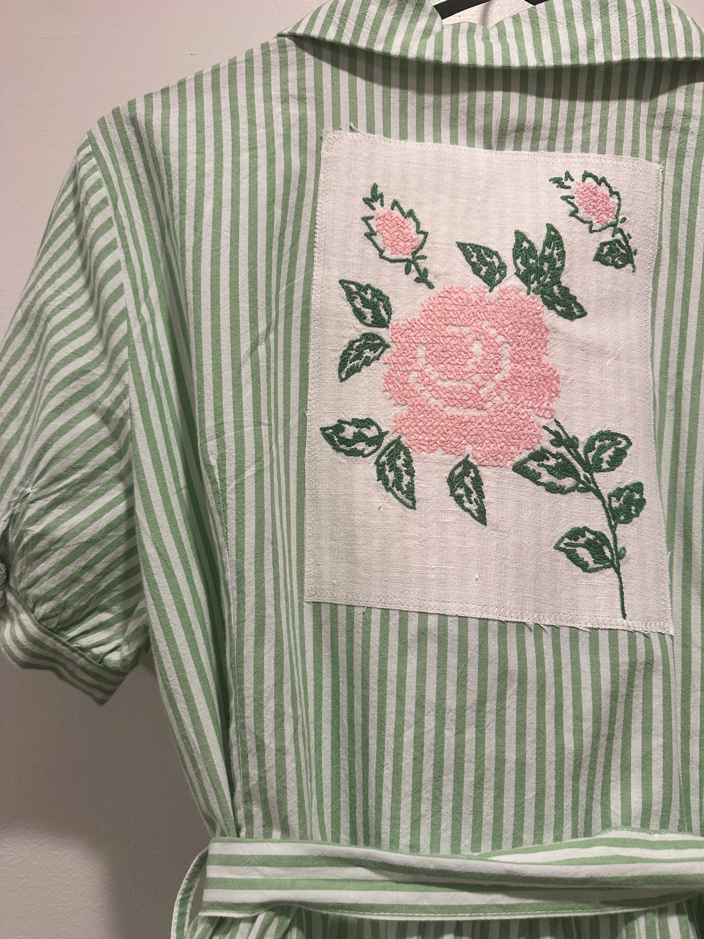 Green & White Striped Shirtdress with Cross-stitch Rose